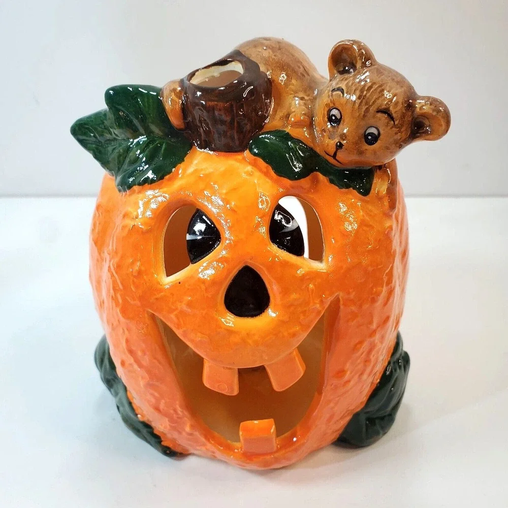 1988 Brinn's Halloween Jack O Lantern w/ Bear Ceramic Tea Light Holder Taiwan